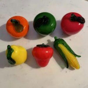 6 Vtg Murano Style Blown Glass MCM Fruits Vegetable, Strawberry, Corn, Apple